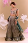 Samyukta Singhania Teal Brocade, Silk Embroidery Round Neck Green Hand Lehenga Set Samyukta Singhania_Teal Brocade, Silk Embroidery Round Neck Green Hand Lehenga Set