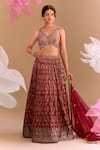 Samyukta Singhania_Maroon Brocade, Silk Embroidery Round Neck Hand Lehenga Set _Online_at_Aza_Fashions