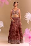 Shop_Samyukta Singhania_Maroon Brocade, Silk Embroidery Round Neck Hand Lehenga Set 