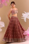 Samyukta Singhania_Maroon Brocade, Silk Embroidery Round Neck Hand Lehenga Set _Online