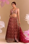 Shop_Samyukta Singhania_Maroon Brocade, Silk Embroidery Round Neck Hand Lehenga Set _Online
