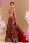 Samyukta Singhania_Maroon Brocade, Silk Embroidery Round Neck Hand Lehenga Set 