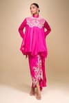 Buy_Anamika Khanna_Fuchsia Silk Embroidery, Zari Collared Floral Zardozi Draped Skirt Set _at_Aza_Fashions