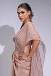 Shruti S_Rose Gold Tussar, Organza, Crepe Sequins Round Neck Pre-draped Saree Set _at_Aza_Fashions