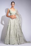 Buy_Shruti S_Green Silk, Organza Sequins, Pearls Sweetheart Neck Designer Lehenga Set _at_Aza_Fashions