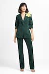 Buy_Ahi Clothing X AZA_Green Crepe Agatha 3-d Brooch Coat And Pant Set _Online_at_Aza_Fashions