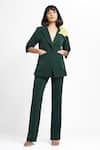 Shop_Ahi Clothing X AZA_Green Crepe Agatha 3-d Brooch Coat And Pant Set _Online_at_Aza_Fashions