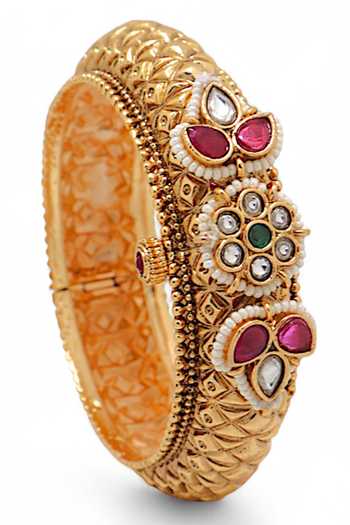 Shop_Tad Accessories_Pink Imitation Diamonds Gold Finish Kundan Polki Bangle _at_Aza_Fashions