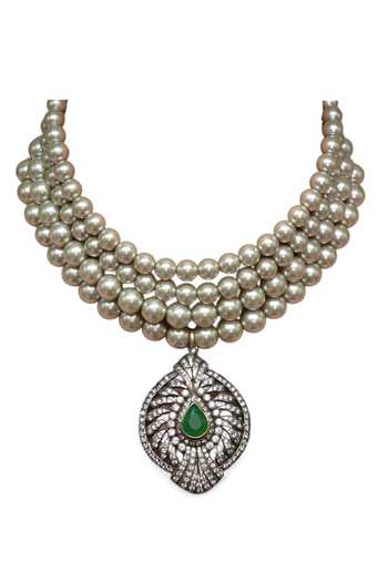 Buy_Tad Accessories_Green Designer Glass Pearl Necklace _Online_at_Aza_Fashions