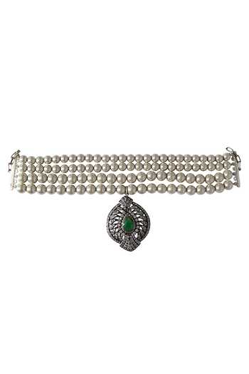 Shop_Tad Accessories_Green Designer Glass Pearl Necklace _at_Aza_Fashions