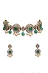 Shop_Tad Accessories_Green Crystals, Pearls Gold Finish Kundan Necklace Set _at_Aza_Fashions