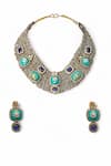 Shop_Tad Accessories_Turquoise Faux Diamonds Antique Finish Blue Necklace Set _at_Aza_Fashions