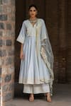Shop_Preevin_Blue Chanderi Silk, Tulle Sequins, Embroidery Big Border Ice Anarkali Set _Online_at_Aza_Fashions