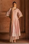 Preevin_Peach Chanderi Silk, Tulle Sequins, Embroidery Forest Onion Pink Anarkali Set _at_Aza_Fashions