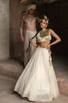 Shop_Preevin_Off White Chanderi Silk Gold And Fringe Lehenga Set With Embroidered Dupatta _at_Aza_Fashions