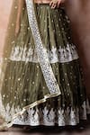 Preevin_Olive Green Chanderi Silk, Tulle Sequins, Forest Lehenga Set With Dupatta _Online_at_Aza_Fashions
