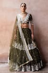 Buy_Preevin_Olive Green Chanderi Silk, Tulle Sequins, Forest Lehenga Set With Dupatta _Online_at_Aza_Fashions