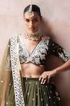Shop_Preevin_Olive Green Chanderi Silk, Tulle Sequins, Forest Lehenga Set With Dupatta _Online_at_Aza_Fashions