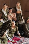 Preevin_Olive Green Chanderi Silk, Tulle Sequins, Forest Lehenga Set With Dupatta _at_Aza_Fashions