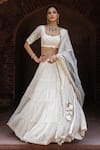 Buy_Preevin_Off White Chanderi Silk, Tulle Gold And Forest Lehenga Set With Dupatta 