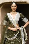 Preevin_Olive Green Chanderi Silk, Tulle Sequins, Big Border Lehenga Set With Dupatta _Online_at_Aza_Fashions