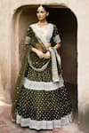 Shop_Preevin_Olive Green Chanderi Silk, Tulle Sequins, Big Border Lehenga Set With Dupatta _at_Aza_Fashions