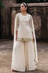Buy_Preevin_Off White Cotton, Tulle Gold Forest Fringe Straight Sharara Set With Dupatta _at_Aza_Fashions