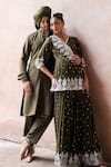 Buy_Preevin_Olive Green Chanderi Silk, Tulle Forest Peplum Sharara Set With Dupatta _Online_at_Aza_Fashions
