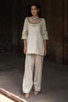 Shop_Preevin_Off White Cotton, Tulle Sequins, Embroidery Fringe Kurta And Farshi Salwar Set _Online_at_Aza_Fashions