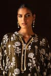 Preevin_Olive Green Chanderi Silk, Cotton Sequins Split Kurta Set _Online_at_Aza_Fashions