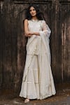 Shop_Preevin_Off White Cotton, Tulle Sequins, Embroidery Gold Dots Sharara Set With Dupatta _Online_at_Aza_Fashions