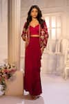 Aariyana Couture_Red Silk Organza, Satin, Lycra, Crepe Embroidery Open Jacket And Draped Skirt Set _Online_at_Aza_Fashions