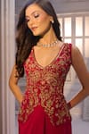 Buy_Aariyana Couture_Red Crepe Embroidery V-neck Hand Jacke And Draped Skirt Set _Online_at_Aza_Fashions