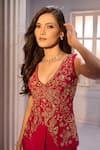 Shop_Aariyana Couture_Red Crepe Embroidery V-neck Hand Jacke And Draped Skirt Set _Online_at_Aza_Fashions