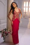 Buy_Aariyana Couture_Red Crepe Embroidery V-neck Hand Jacke And Draped Skirt Set 