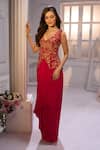 Aariyana Couture_Red Crepe Embroidery V-neck Hand Jacke And Draped Skirt Set _Online_at_Aza_Fashions