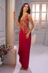Buy_Aariyana Couture_Red Crepe Embroidery V-neck Hand Jacke And Draped Skirt Set _Online