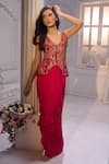 Buy_Aariyana Couture_Red Crepe Embroidery V-neck Hand Jacke And Draped Skirt Set _at_Aza_Fashions