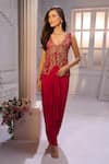 Aariyana Couture_Red Crepe Embroidery V-neck Hand Jacke And Draped Skirt Set 