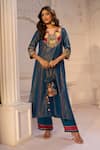 Shop_Aariyana Couture_Blue Tissue, Linen, Satin Embroidery, Tassels Split V-neck Kurta And Pant Set _at_Aza_Fashions