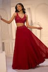 Shop_Aariyana Couture_Red Tussar, Silk, Viscose, Organza Embroidery, Sequins V-neck, Cape Lehenga Set _Online_at_Aza_Fashions
