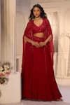 Buy_Aariyana Couture_Red Tussar, Silk, Viscose, Organza Embroidery, Sequins V-neck, Cape Lehenga Set 
