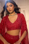 Shop_Aariyana Couture_Red Tussar, Silk, Viscose, Organza Embroidery, Sequins V-neck, Cape Lehenga Set 
