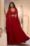 Aariyana Couture_Red Tussar, Silk, Viscose, Organza Embroidery, Sequins V-neck, Cape Lehenga Set _Online