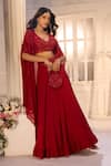Shop_Aariyana Couture_Red Tussar, Silk, Viscose, Organza Embroidery, Sequins V-neck, Cape Lehenga Set _Online