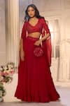 Buy_Aariyana Couture_Red Tussar, Silk, Viscose, Organza Embroidery, Sequins V-neck, Cape Lehenga Set _at_Aza_Fashions