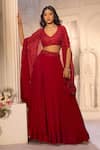 Aariyana Couture_Red Tussar, Silk, Viscose, Organza Embroidery, Sequins V-neck, Cape Lehenga Set _Online_at_Aza_Fashions