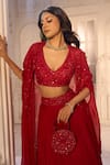 Aariyana Couture_Red Tussar, Silk, Viscose, Organza Embroidery, Sequins V-neck, Cape Lehenga Set 
