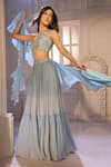 Aariyana Couture_Blue Net, Georgette Beads Ruched Shimmer Skirt Set With Ruffle Dupatta _Online_at_Aza_Fashions