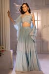 Buy_Aariyana Couture_Blue Net, Georgette Beads Ruched Shimmer Skirt Set With Ruffle Dupatta 